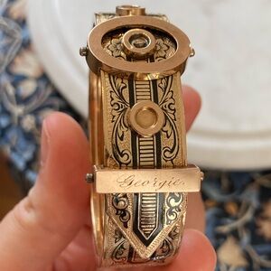 Antique Victorian Taille d’Epargne “Georgie” Engraved Buckle Bracelet Pat. 1874